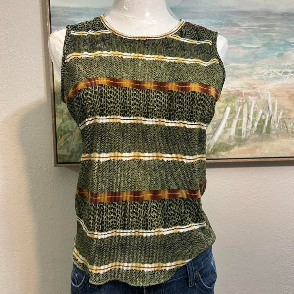 Vintage Y2K Crinkle Tank Top Size S | Olive Green Striped Made in USA